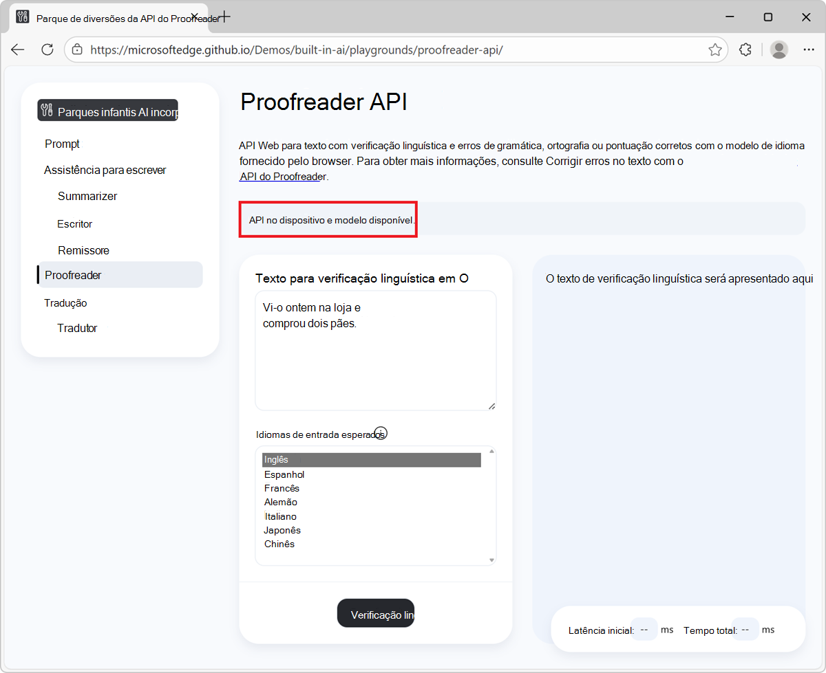 Faixa de informações mostrando a mensagem: API no dispositivo e modelo prontos.