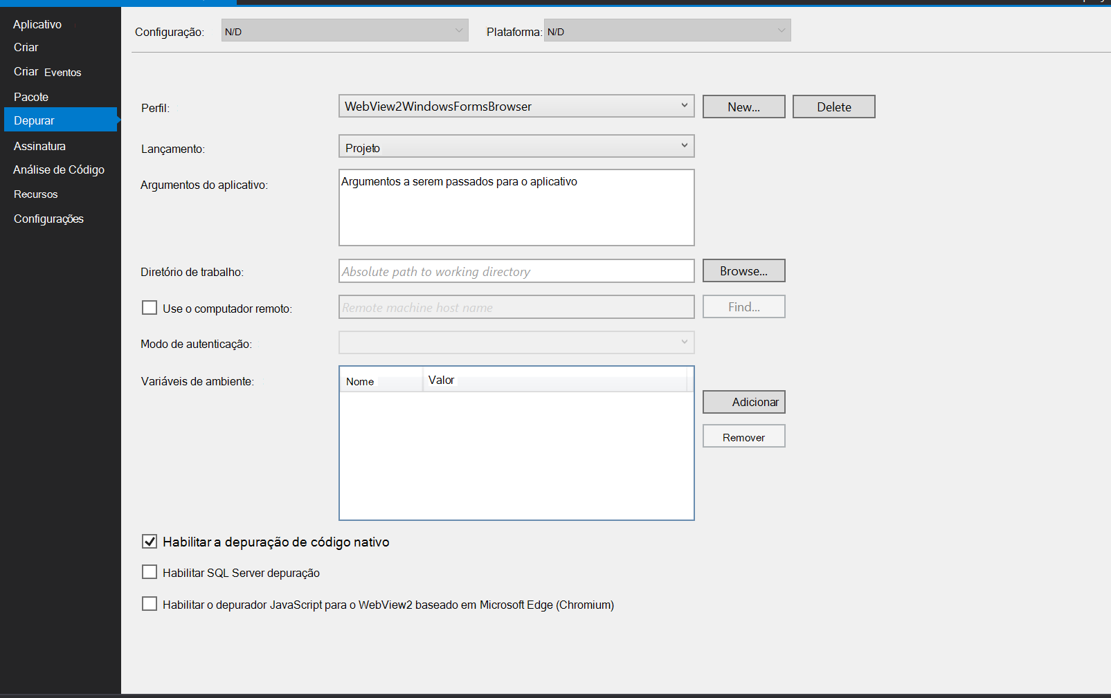Habilitar a depuração de código nativo no Visual Studio