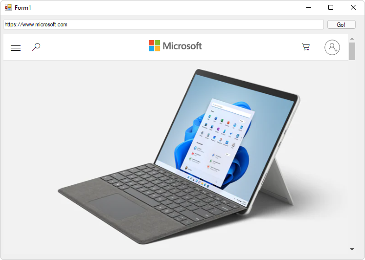 Uma janela WinForm Form1 exibindo o conteúdo da página da Web do microsoft.com