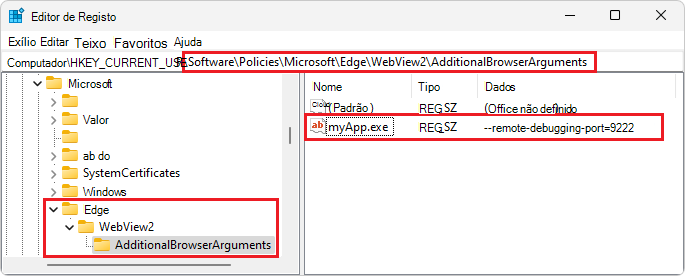 A chave do Registro resultante no Editor do Registro
