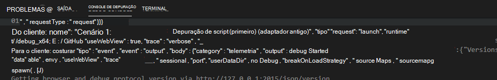 Saída de Depuração do Visual Studio Code com rastreamento detalhado ativado