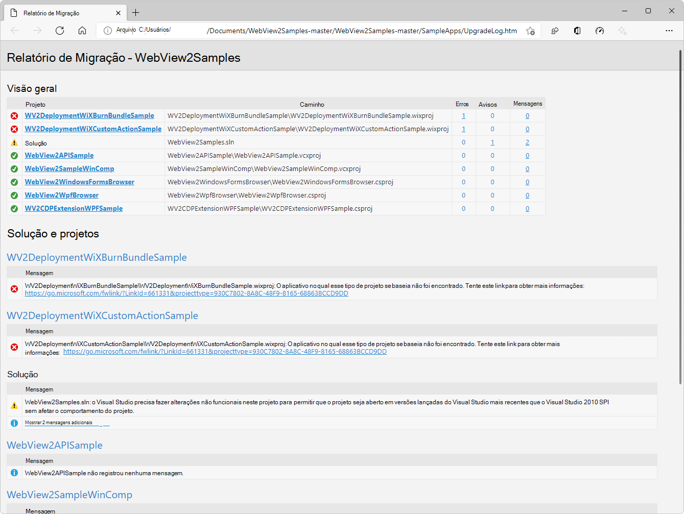 Instalador de carga de trabalho do Visual Studio 2022 Relatório de migração para o exemplo de API abrangente e multiplataforma