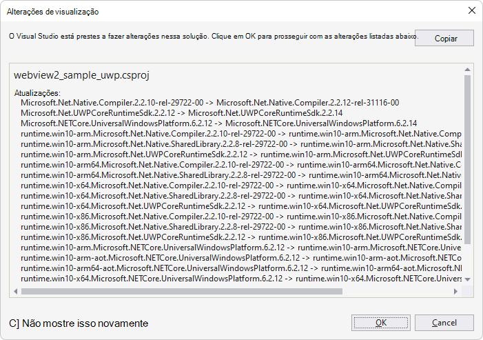 A caixa de diálogo 'Visualizar Alterações' para instalar o pacote UWP