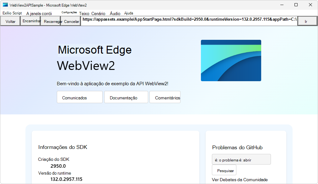 Aplicativo WebView2APISample em execução