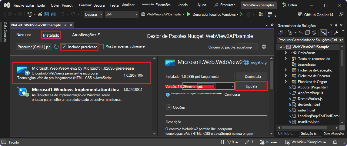 O Gerenciador de Pacotes NuGet com pré-lançamento do SDK do WebView2 selecionado