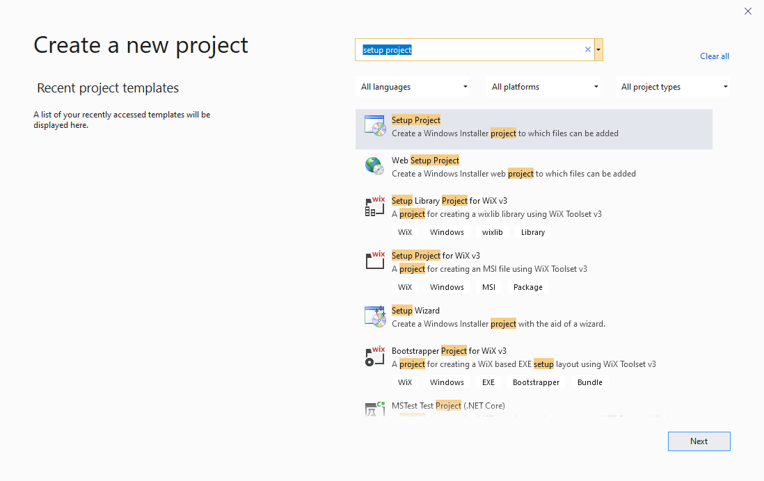 Implantação do WebView2 Visual Studio Installer: Criar projeto de configuração
