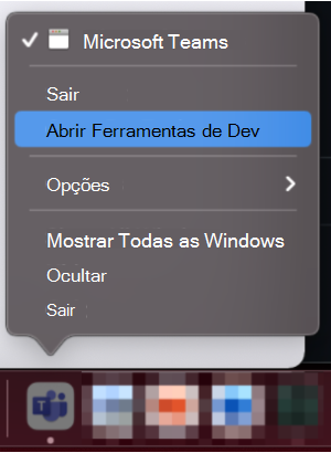 A captura de tela mostra a opção de abrir Ferramentas de Desenvolvimento no macOS Dock.