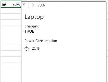 Valor da célula no Excel mostrando a carga da bateria em 70% e o tipo de dados card mostrando a entidade aninhada do laptop com valores de propriedade de carregamento e consumo de energia.