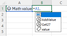 Inserindo 'A1.' no Excel com fórmula Preenchimento Automático exibindo o método de referência 'Get27'.