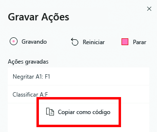 O painel de tarefas do gravador de ações com o botão 'Copiar como código' realçado.
