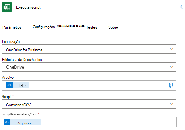 A etapa Executar script concluída no painel de tarefas de ação.