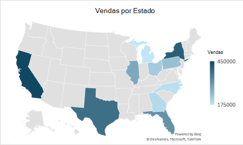 Um gráfico de mapa de região mostrando as vendas por estado com regiões geográficas codificadas por cores.