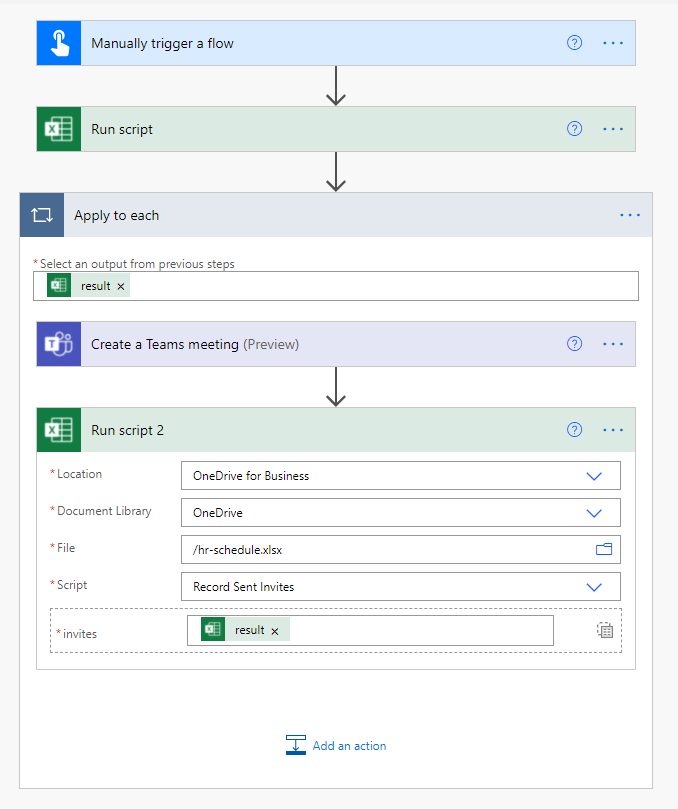 O conector do Excel Online (Business) concluído para registrar que os convites foram enviados.
