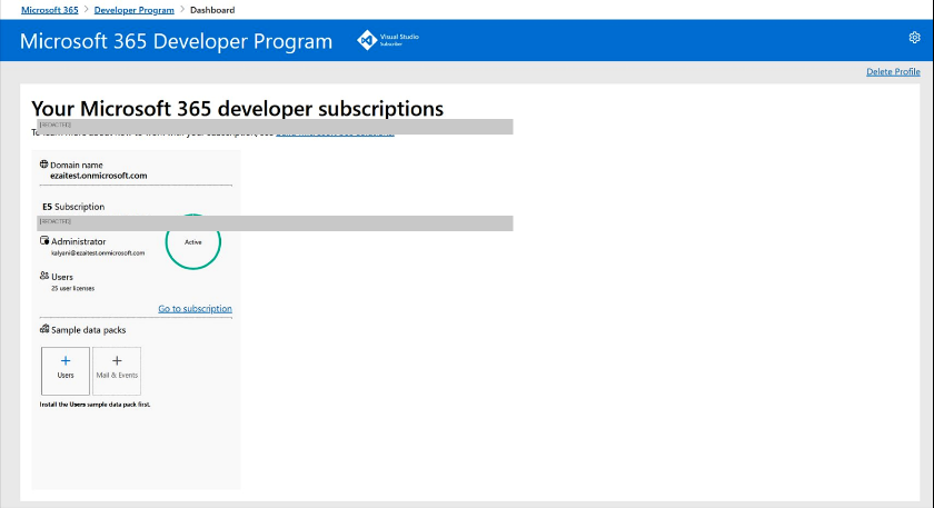 Dashboard do Programa de Desenvolvedor do Microsoft 365 mostrando a assinatura ativa com o nome de domínio, administrador e pacotes de dados de exemplo