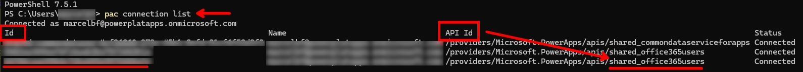 Captura de tela da saída da CLI Power Apps com IDs de conexão e identificadores de conector.