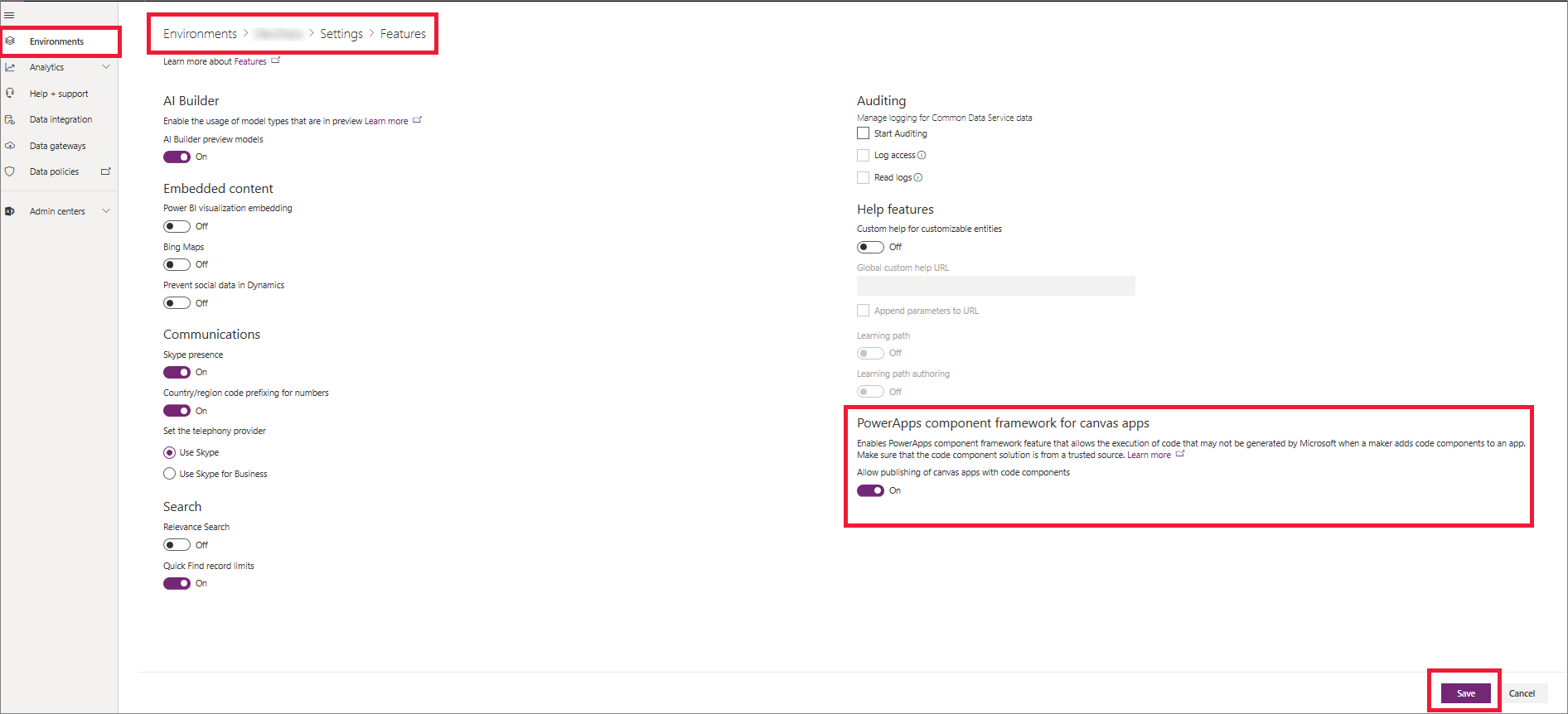 Habilitar o framework de componentes do Power Apps.