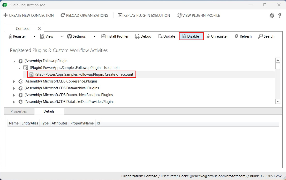 Desative uma etapa usando a ferramenta de registro de plug-in.