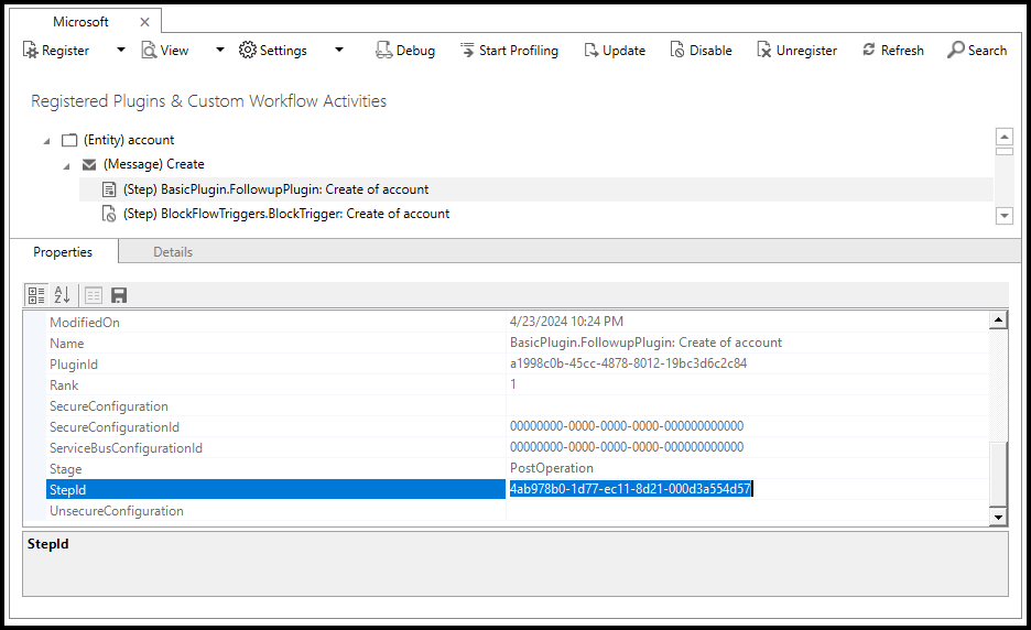 Use a ferramenta de Registro de Plug-in para localizar o valor StepId