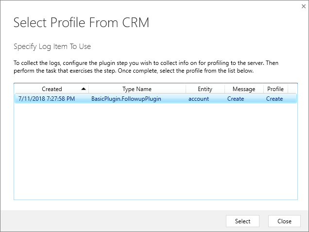 Selecione Perfil na caixa de diálogo CRM.