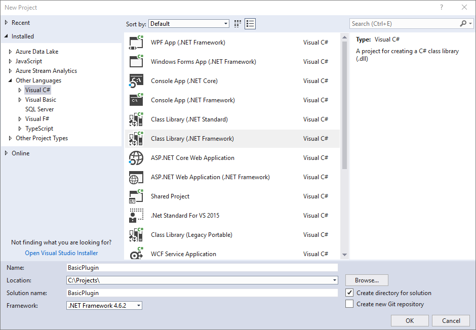 Abra um novo projeto de biblioteca de classes (.NET Framework) usando .NET Framework.
