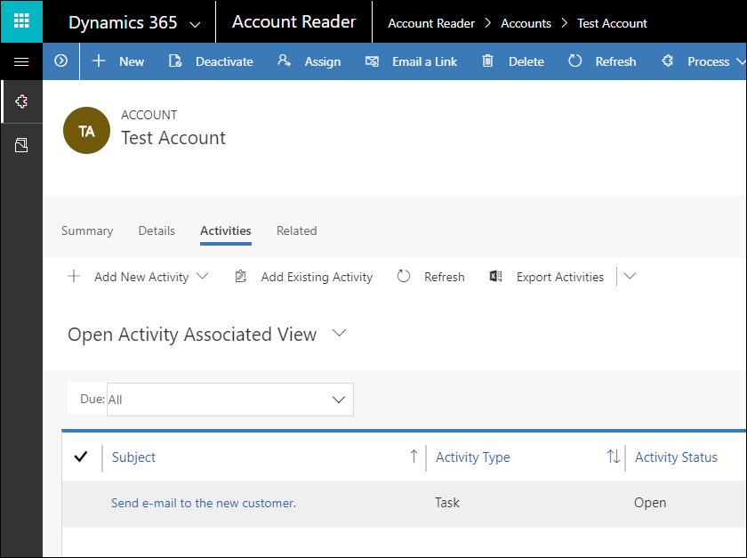 Registro da tabela de conta com a atividade de tarefa relacionada criada pelo plug-in.