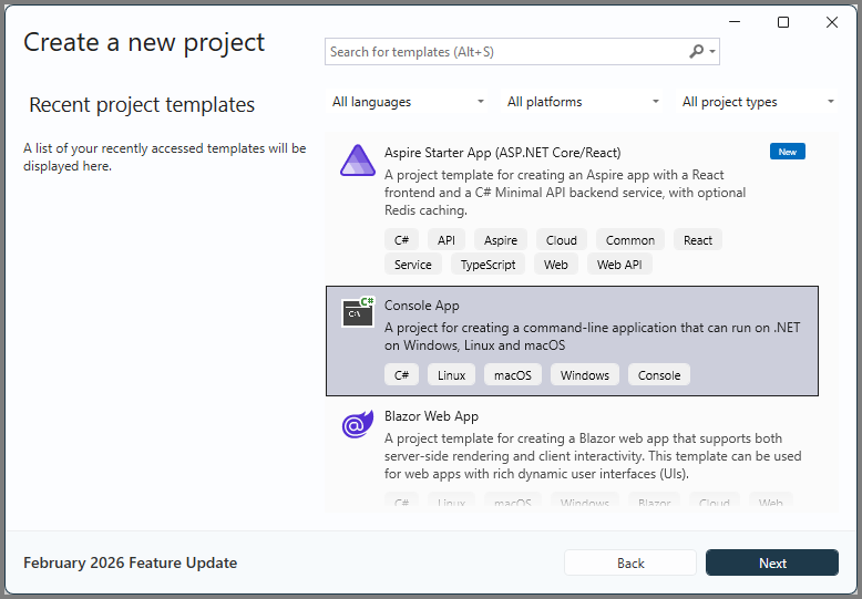 Novo projeto de aplicativo de console