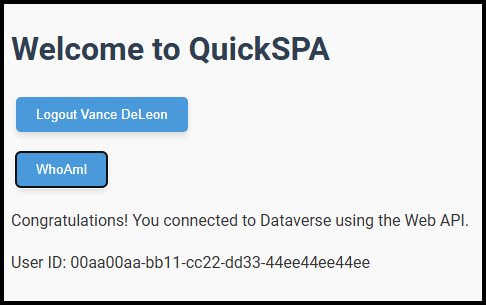 Captura de tela do início rápido da API Web do Dataverse concluído mostrando a ID do usuário conectado.