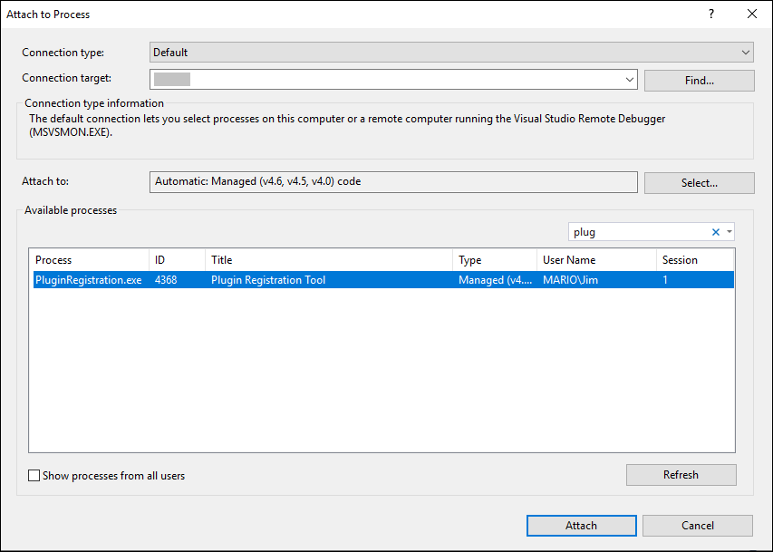 Caixa de dialogo de Anexar ao processo do Visual Studio.