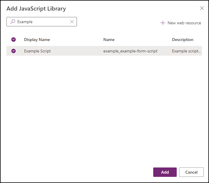 Diálogo Adicionar Biblioteca JavaScript