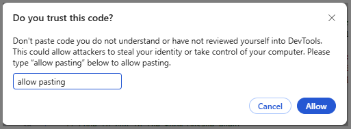 Captura de tela da caixa de diálogo de aviso de colagem do DevTools com o botão Permitir.