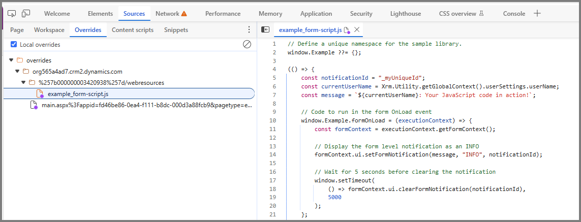 Captura de tela de example_form-script.js na guia Overrides com o indicador de substituição roxo.