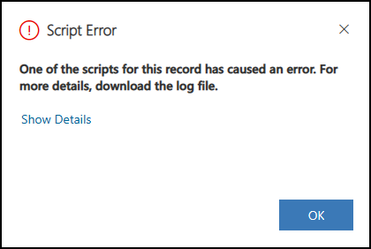 Captura de tela de uma caixa de diálogo de erro de script mostrando informações de depuração de JavaScript em aplicativos orientados a modelos.