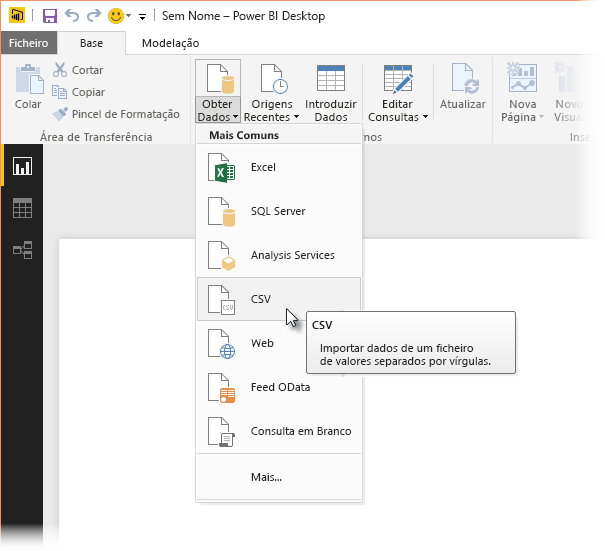 Captura de ecrã da barra de ferramentas Obter Dados no Power BI Desktop, mostrando a seleção CSV.