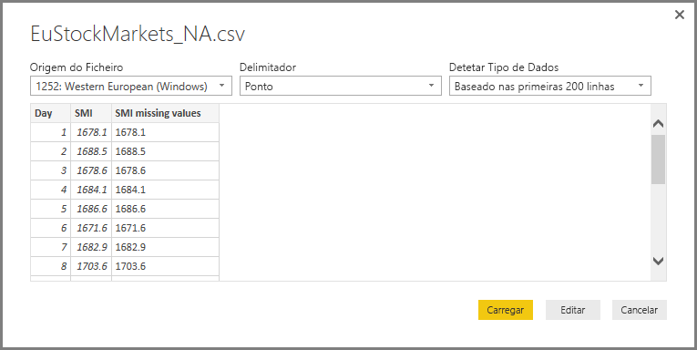 Captura de ecrã do diálogo do ficheiro CSV, mostrando o CSV selecionado.