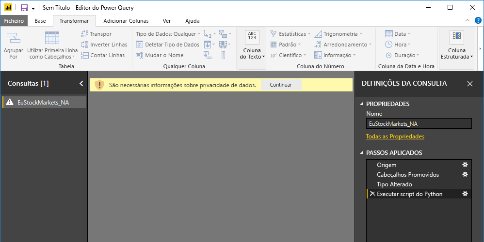 Captura de ecrã do painel do Power Query Editor, mostrando o aviso sobre privacidade de dados.