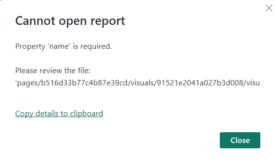 Captura de ecrã do erro de bloqueio de prompt PBIR.