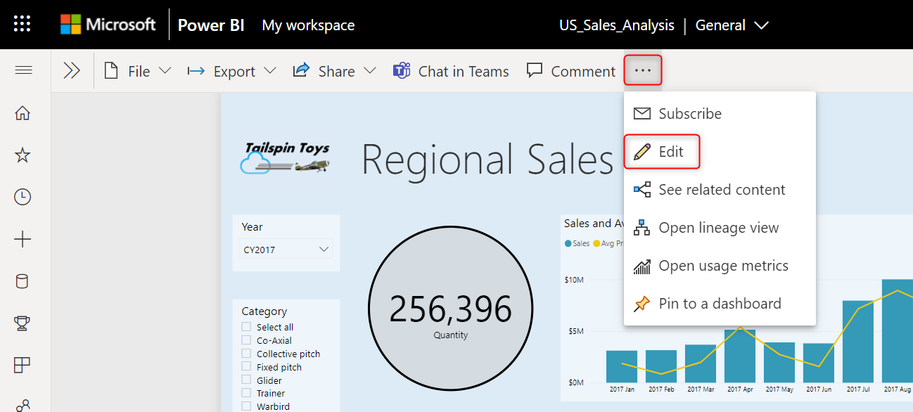 Captura de ecrã da opção de edição no serviço Power BI.