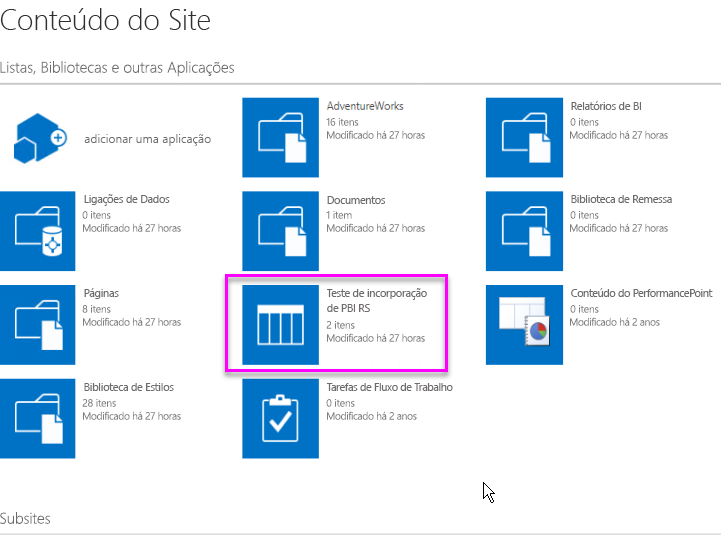 Captura de ecrã da página de Conteúdos do Site.