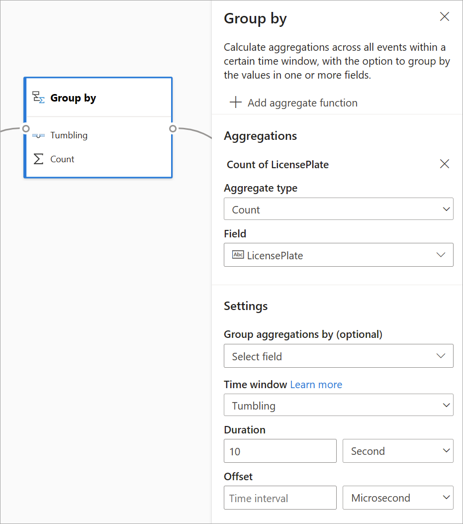 Captura de ecrã do cartão «Agrupar por» com o painel de configuração aberto.