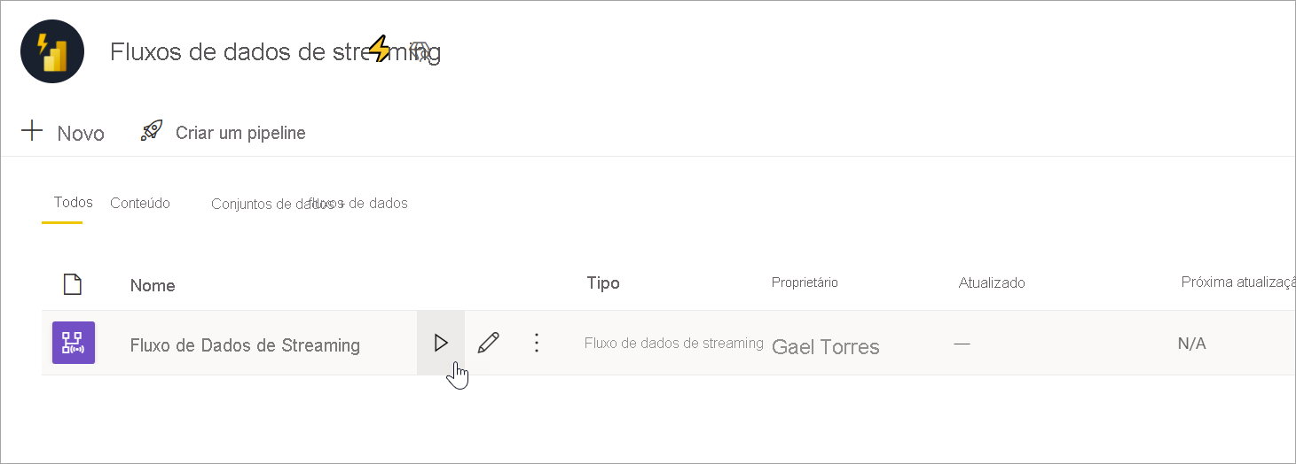 Captura de ecrã que mostra o botão de reprodução para iniciar um fluxo de dados em fluxo contínuo.