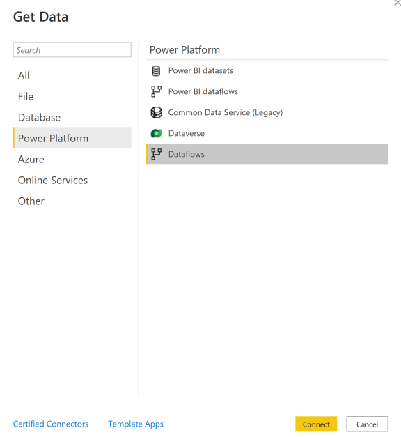 Captura de ecrã da janela Obter Dados, a opção Power Platform está selecionada no painel de navegação e Dataflows está realçado no painel principal.