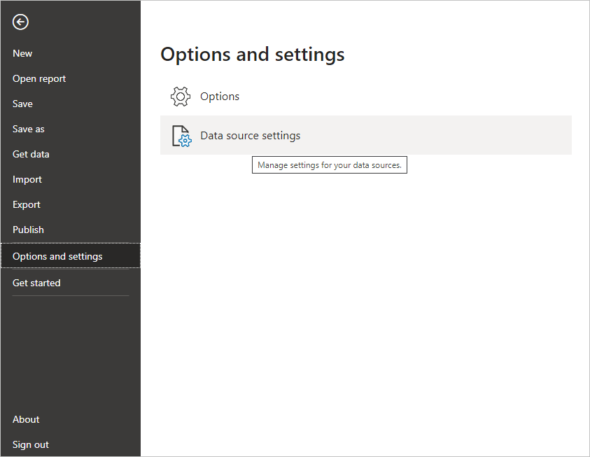 Captura de ecrã do menu Ficheiro no Power BI Desktop, mostrando a seleção das definições da fonte de dados.