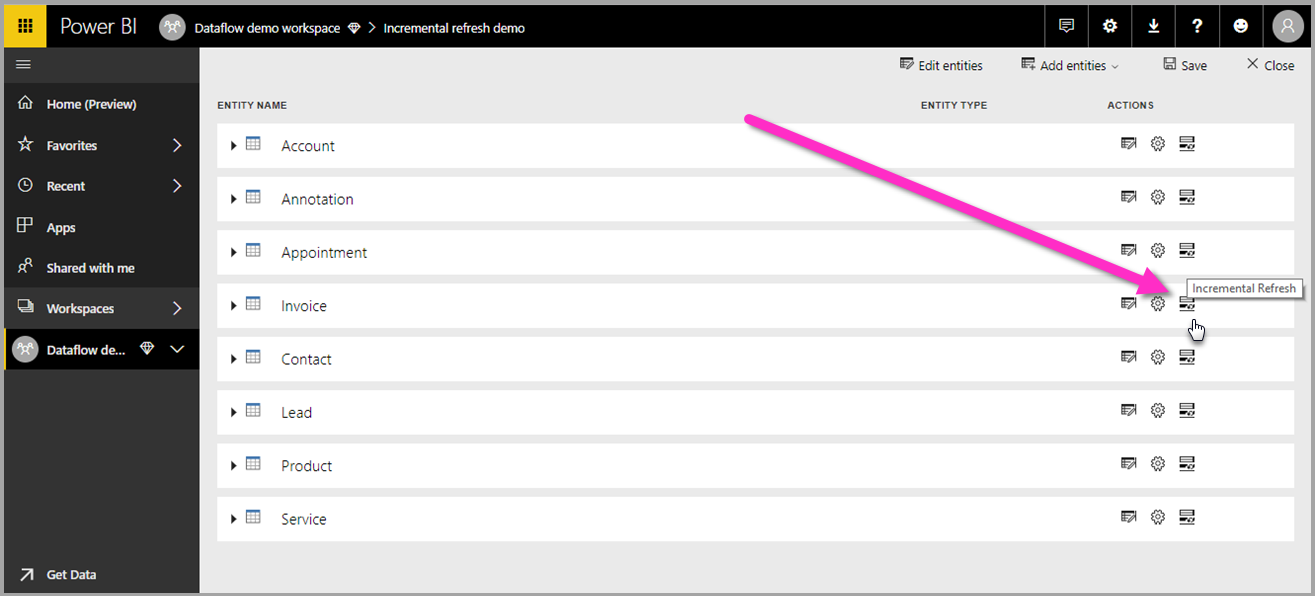 Captura de ecrã do Power BI com o ícone de atualização incremental para fluxos de dados enfatizado.