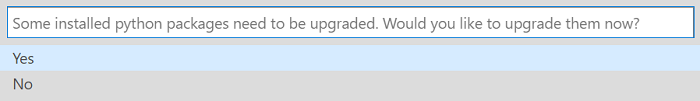 Captura de tela que mostra o prompt de atualização dos pacotes Python.