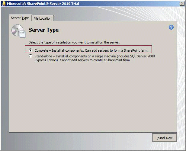 Caixa de diálogo Tipo do Servidor na Configuração do SharePoint
