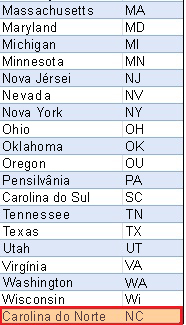 Excel - Adicionar Carolina do Norte a Estados