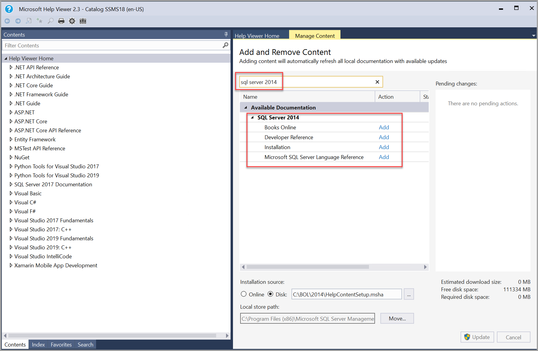 Pesquisa de livros do SQL Server 2014 no Help Viewer