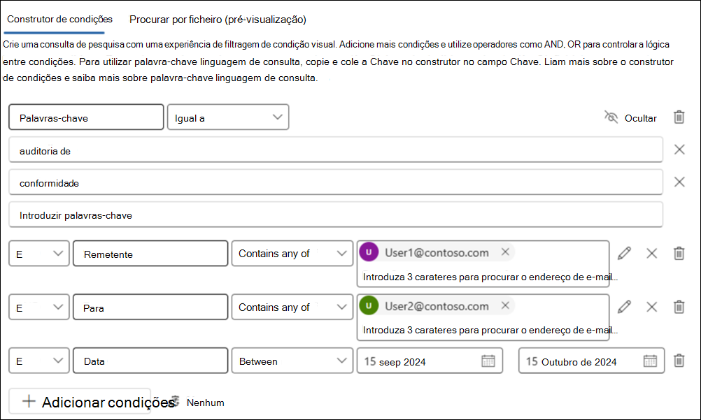 Captura de tela de uma pesquisa do construtor de condições com as condições Palavras-chave, Remetente, Para e Data configuradas para uma consulta de exemplo.