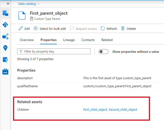 Captura de tela do First_parent_object, mostrando os dois ativos filho realçados.