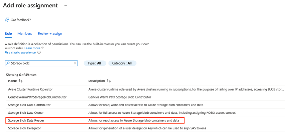Captura de tela do menu adicionar atribuição de função, com o Leitor de Dados do Blob de Armazenamento selecionado na lista de funções disponíveis.